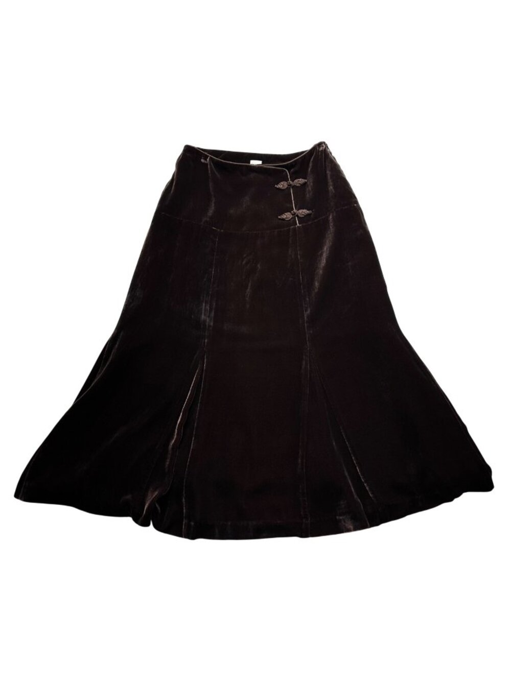 Garnet Hill Velvet Midi Flowy Skirt Frog Buttons Sz 6 Chocolate Brown Whimsigoth